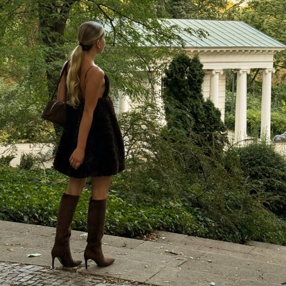 Zara Fluffy Voluminous Mini Dress NWT Chocolate Brown Size Large Blogger Fav - Picture 2 of 10